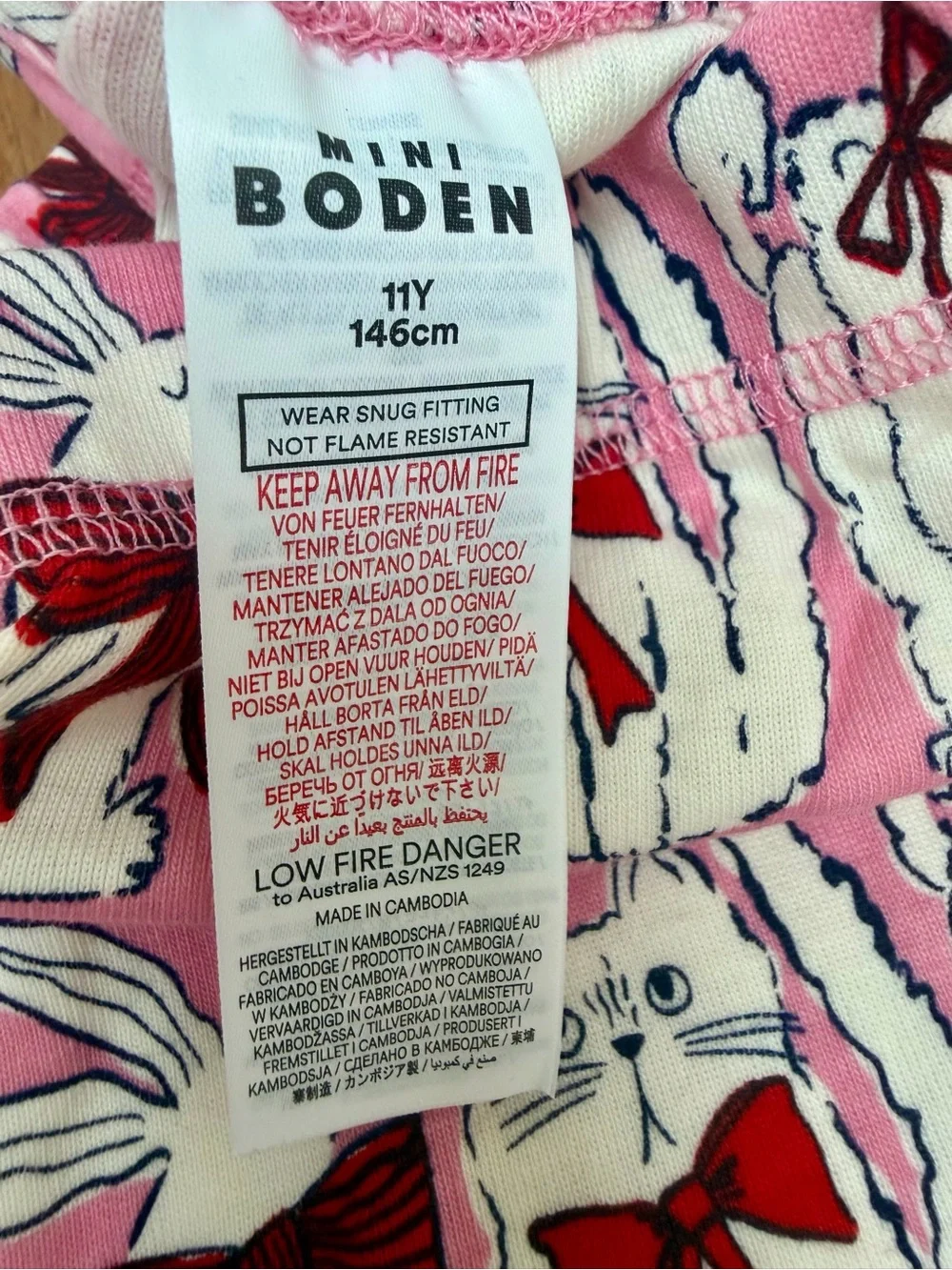 Mini Boden Girls Pajamas NWT Size 11Y Pink Cats Bunnies Bow Print